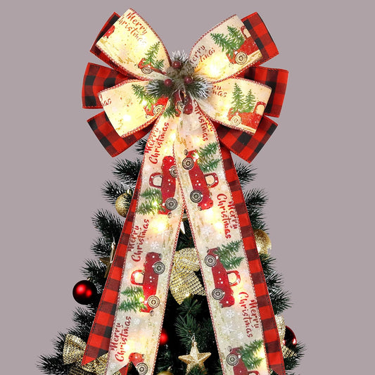 Regine Switzerland Christmas Tree Topper Bow - 30 LED Lights, 13”x25” Large Red Black Buffalo Plaid Rustic Decor
