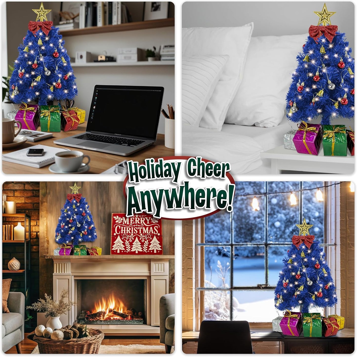 Small Blue Christmas Tree with Lights - 23-Inch Mini Tabletop Tree with Warm-White LEDs & Ornaments