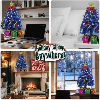 Small Blue Christmas Tree with Lights - 23-Inch Mini Tabletop Tree with Warm-White LEDs & Ornaments