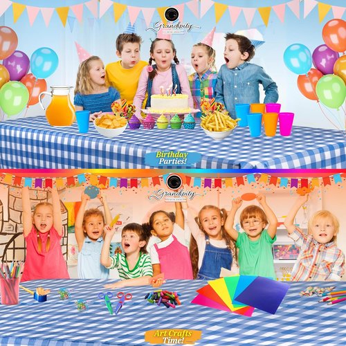 Grandipity Premium Disposable Plastic Picnic Tablecloth - Blue Checkered Gingham | 54" x 108" Size