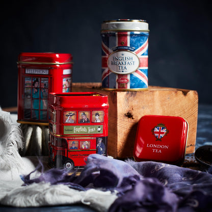 London & British Icons 3x Mini Tea Tins with Fine English Loose Leaf Tea (Union Jack, Red London Bus, Telephone Box)