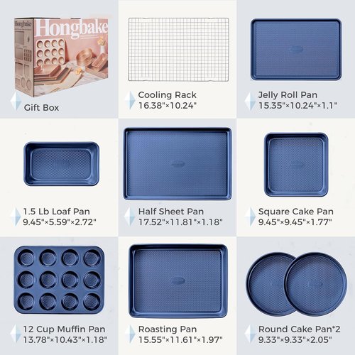 HONGBAKE 9-Piece Nonstick Baking Pans Set - Stackable, Non-Toxic Bakeware with Diamond Texture | Includes Cookie Sheet, Cake Pan, Roasting Pan & Muffin Tin in Blue