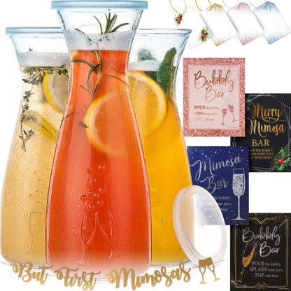 Prestige Mimosa Bar Kit - Glass Carafe (27oz) & Brunch Decor, Pitcher w/Plastic Lid, Bubbly Juice Carafes for Mimosa Bar Supplies, Baby Bridal Shower (Set of 3)