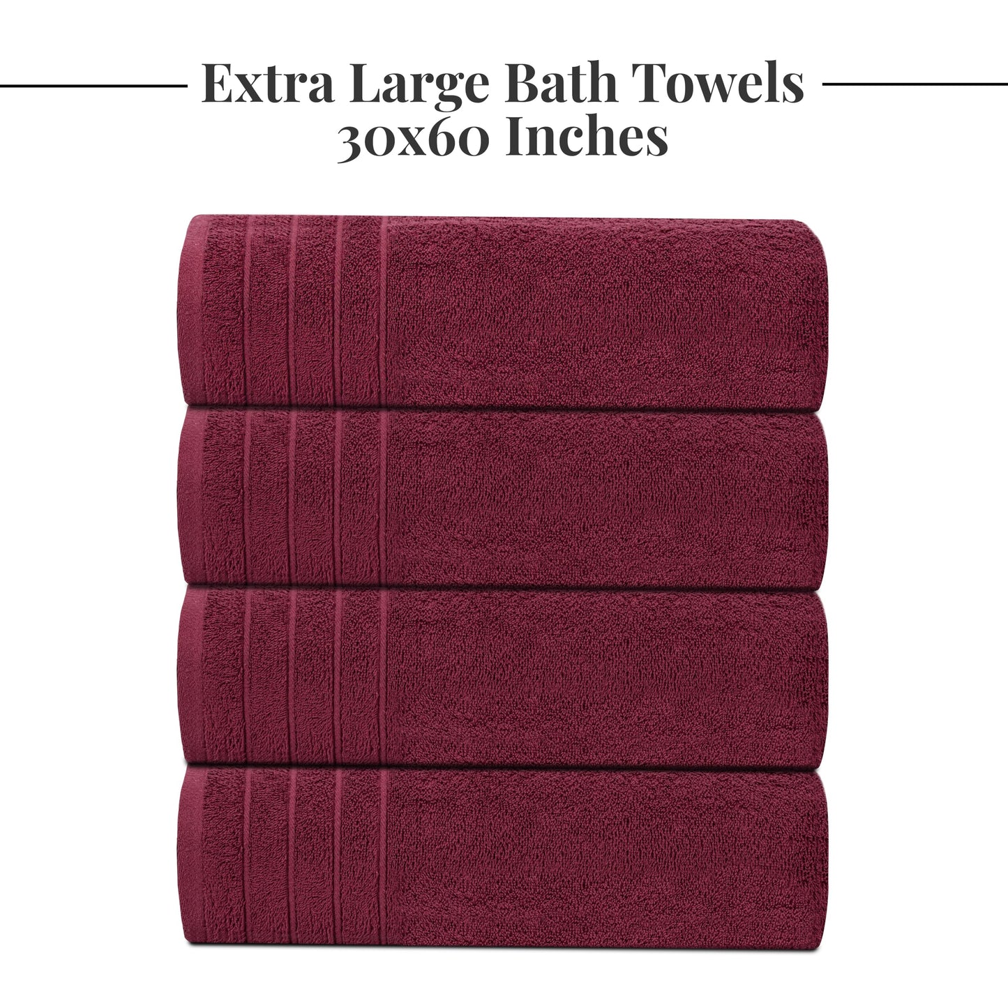 Tens Towels Pack of 4 Extra Large Bath Towels 30 x 60 Inches, 100% Cotton, Larger & Lighter Weight, Quicker to Dry, Super Soft and Absorbent, Perfect for Bathroom, Burgundy