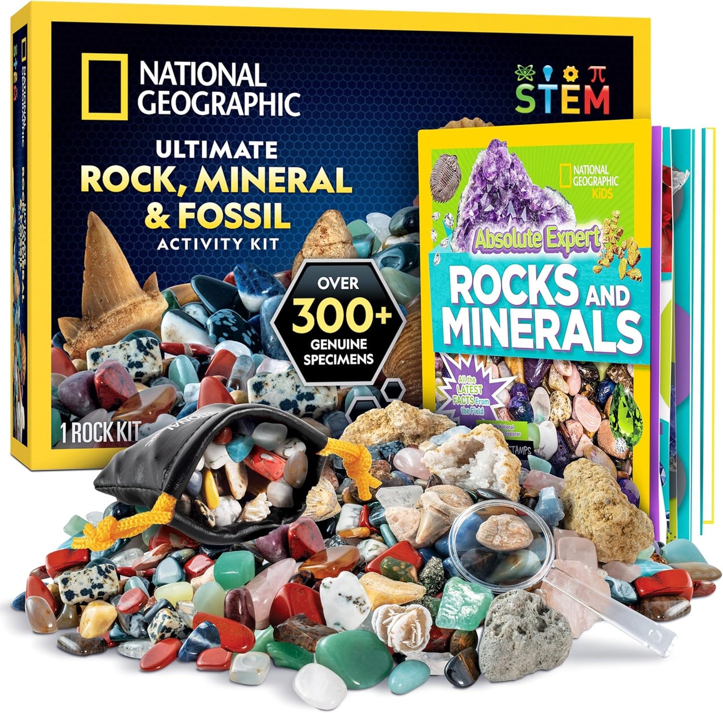 National Geographic Rock Collection Box for Kids - 300-Piece Set with Real Gemstones, Crystals & Minerals | Includes Expert Rocks & Minerals Book