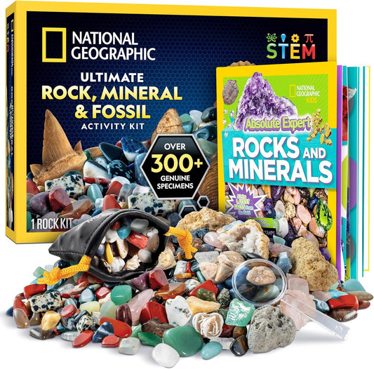 National Geographic Rock Collection Box for Kids - 300-Piece Set with Real Gemstones, Crystals & Minerals | Includes Expert Rocks & Minerals Book