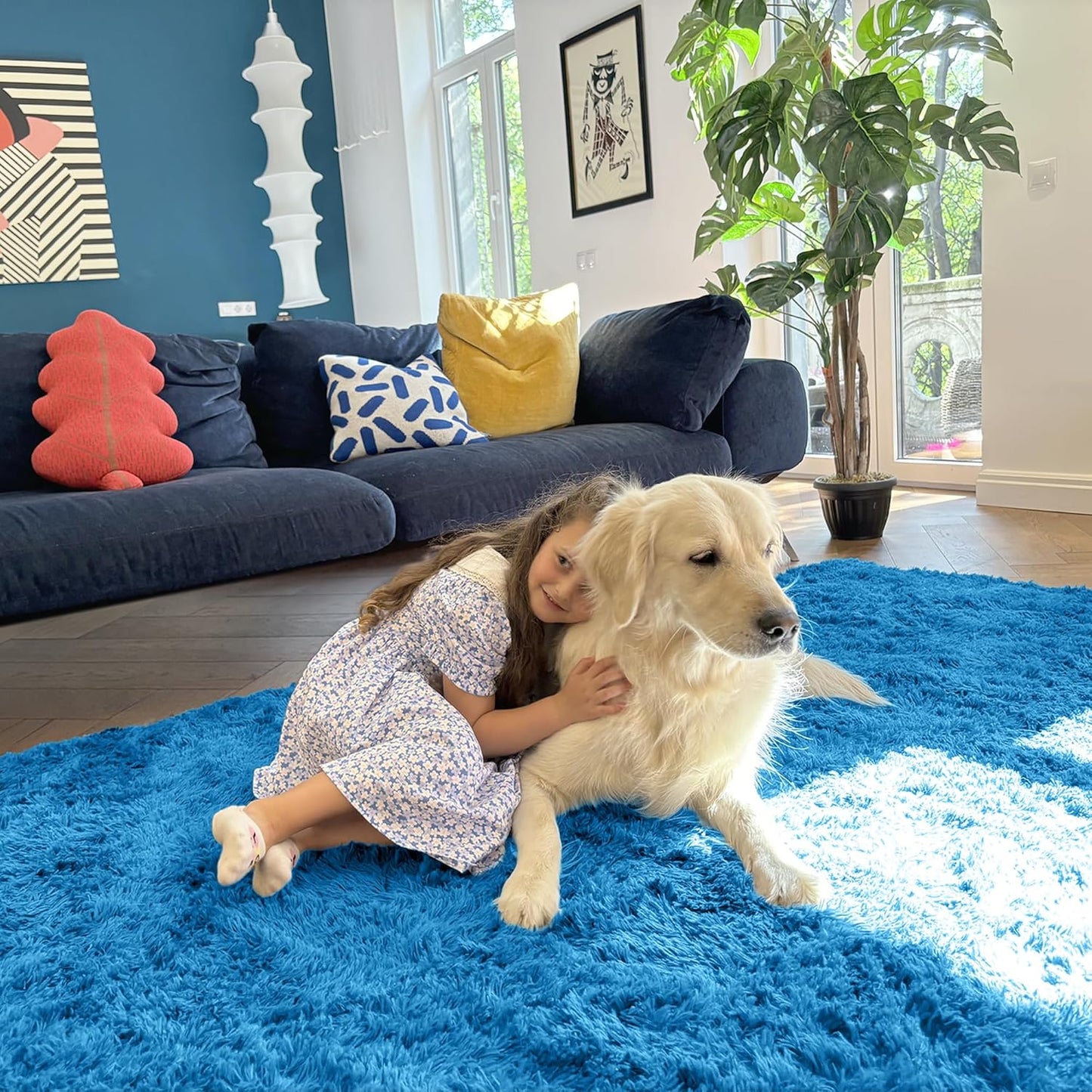OLANLY Large Area Rug - Soft Fluffy Shaggy Carpet for Living Room & Bedroom | Bright Blue, Machine Washable