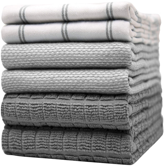 Premium Kitchen Towels (20”x 28”, 6 Pack) – Large Cotton Kitchen Hand Towels – Flat & Terry Towel – Highly Absorbent Tea Towels Set with Hanging Loop (Grey Check)