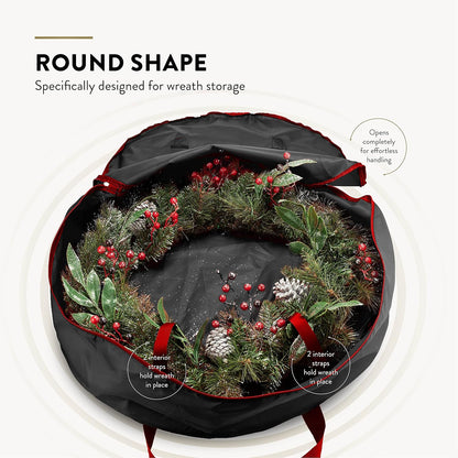 ZOBER Christmas Wreath Storage Bag - 24 Inch Waterproof Oxford Container with Dual Zippers & Durable Handles - Black