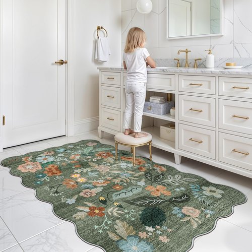 Washable 3x5 Entryway Area Rugs: Ultra Soft Low Pile Carpet for Kitchen Nursery Indoor Light-Weight Doormat Rug with Non-Slip Backing for Living Room Bedroom Small Boho Floor Mat(3x5, Floral/Green)