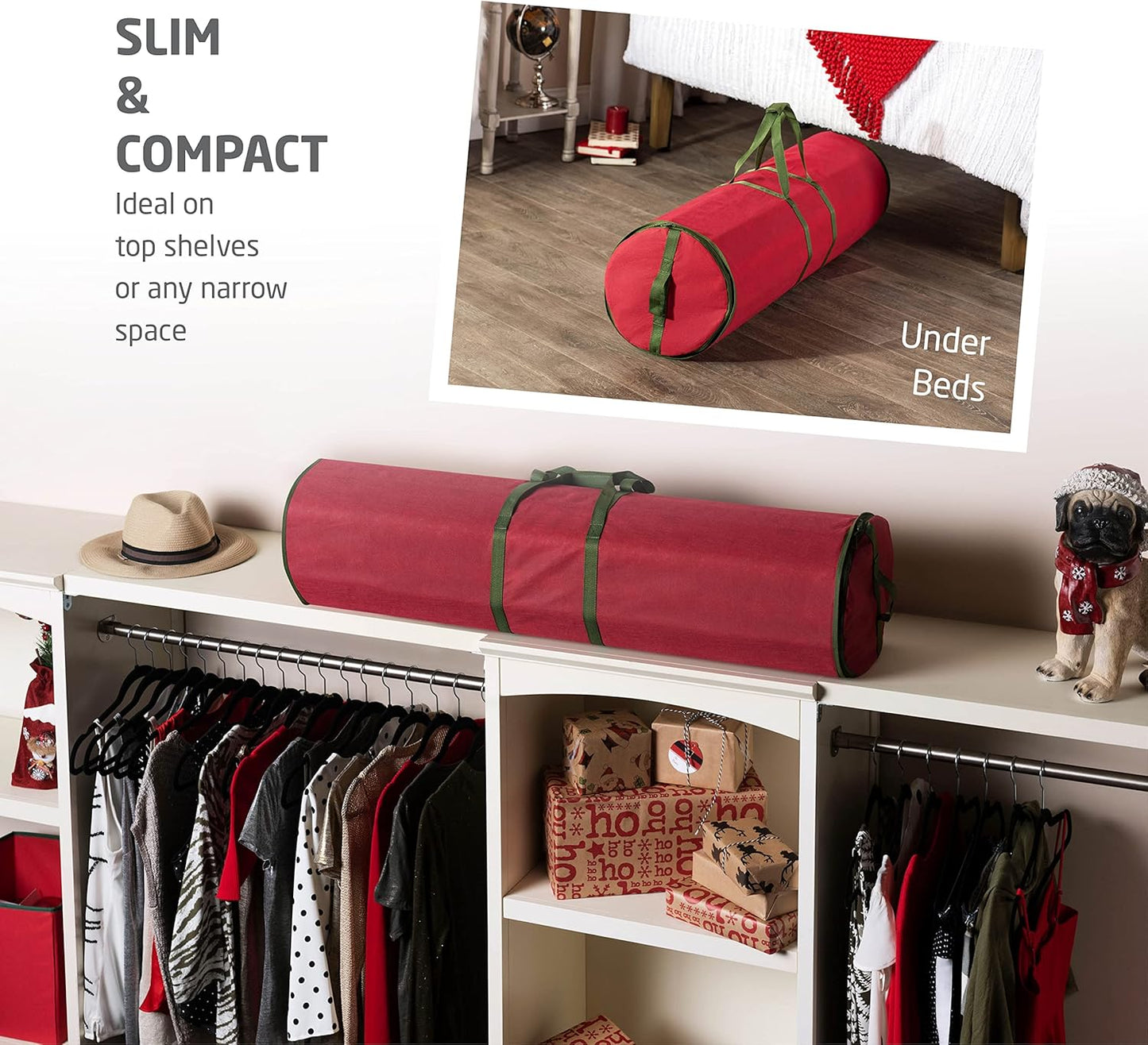 ZOBER Gift Wrap Storage Organizer - 40 Inch Waterproof Holder for 25 Rolls - Red Christmas Design