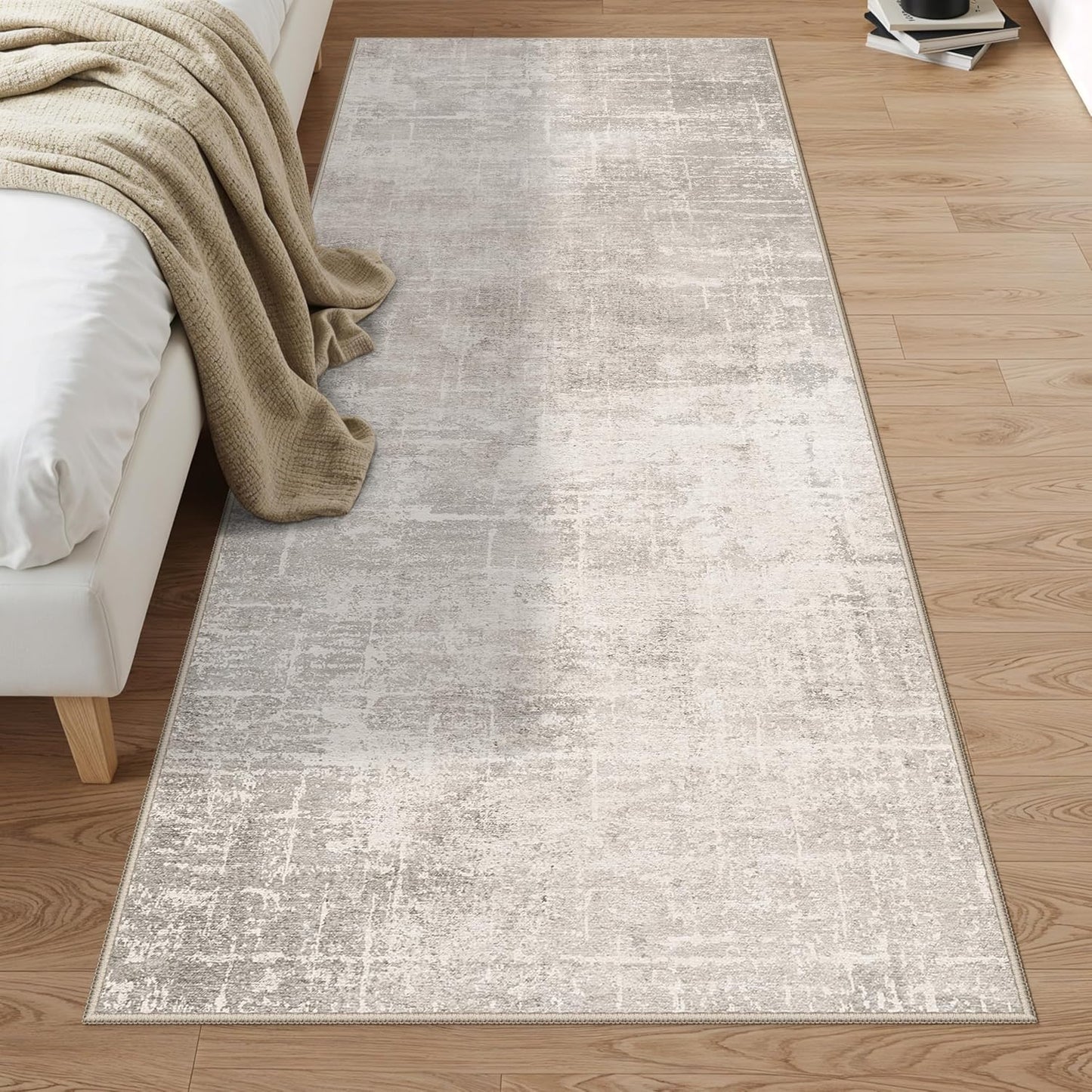Skiennix 3x7 Washable Hallway Runner Rug - Abstract Stain Resistant Design | Ultra Soft Non-Slip Carpet in Beige/Cream