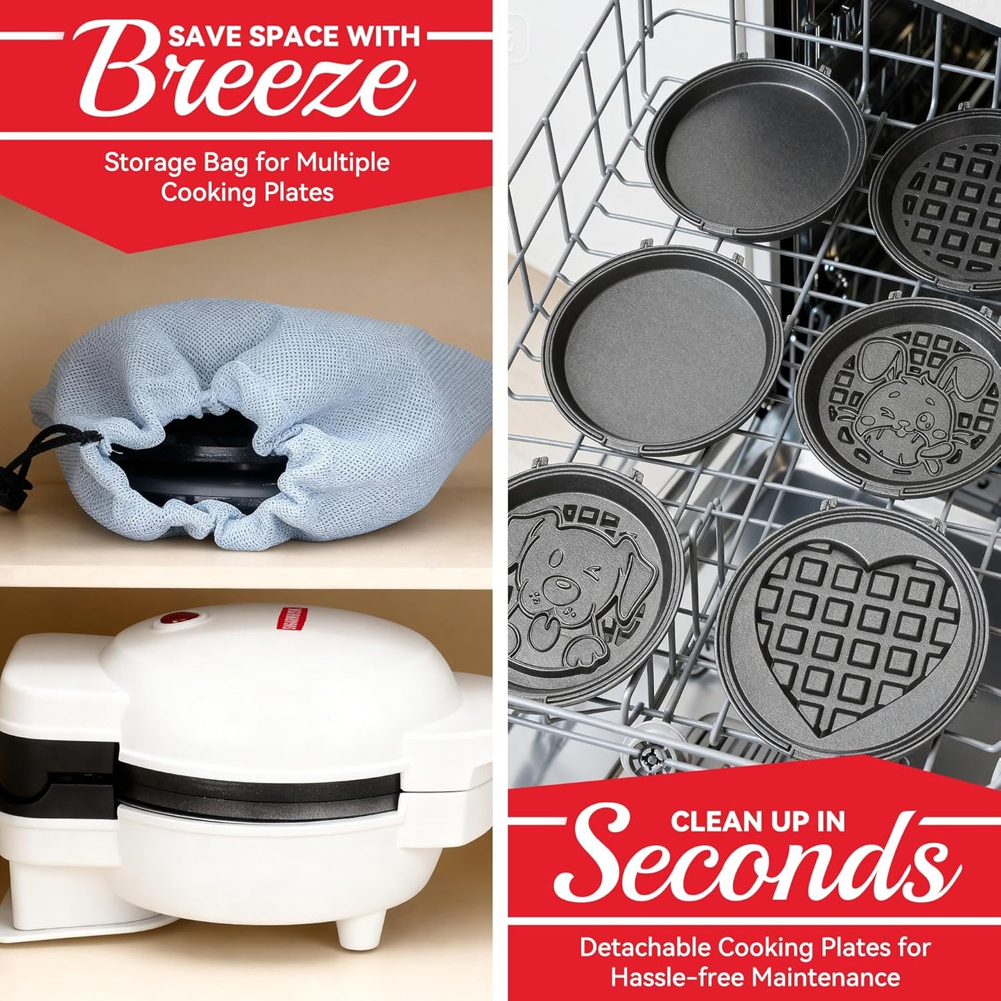 Skiennix 6-in-1 Mini Waffle Maker - Removable Plates & Premium Ceramic Coating, 4.5'' White Waffle Iron