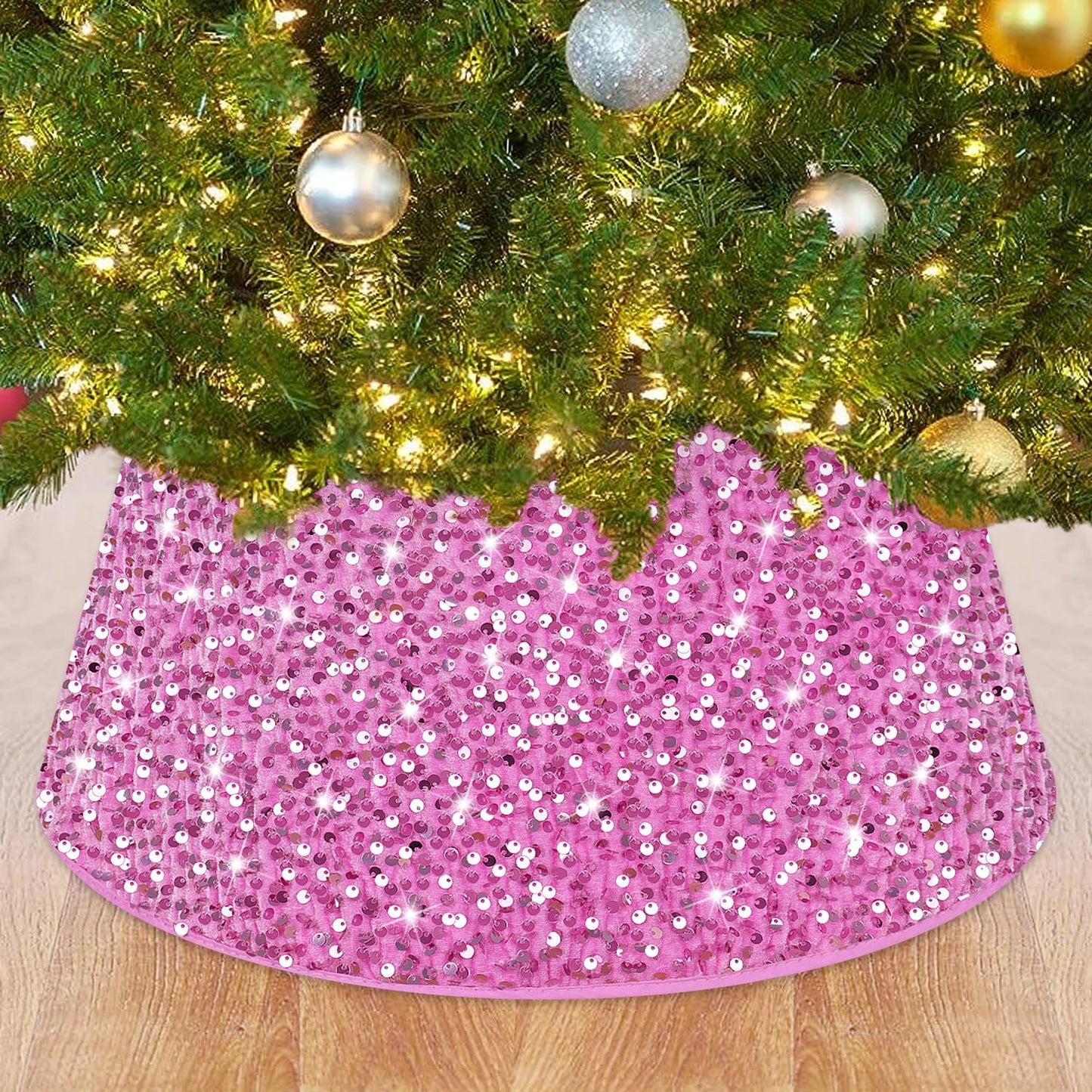 ROMANKAS Christmas Tree Collar Pink Sequin Christmas Tree Base Cover 23.6 Inch Glitter Tree Skirt Metallic Christmas Tree Collars Bling Xmas Tree Collar for Home Party Xmas Tree Decoration