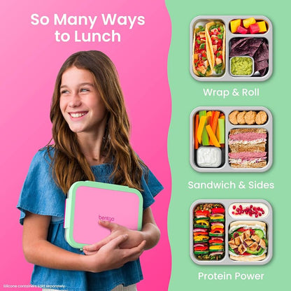 Bentgo Stainless Steel Lunch Box with 3 Compartments, 4.3 Cup Capacity, Leak-Proof Lid - Strawberry