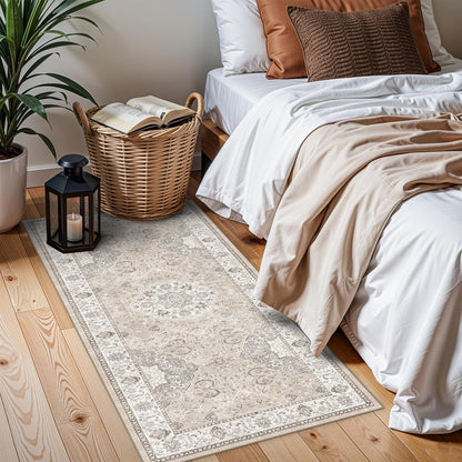 Skiennix Washable 2x4 Entryway Area Rug - Vintage Water-Resistant, Non-Slip, Ultra Soft Beige Carpet