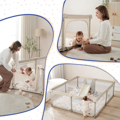 Sweeby Baby Playpen - Extra Large 79x71 Inch Foldable Playpen with Gate | Portable Indoor/Outdoor Use, Beige