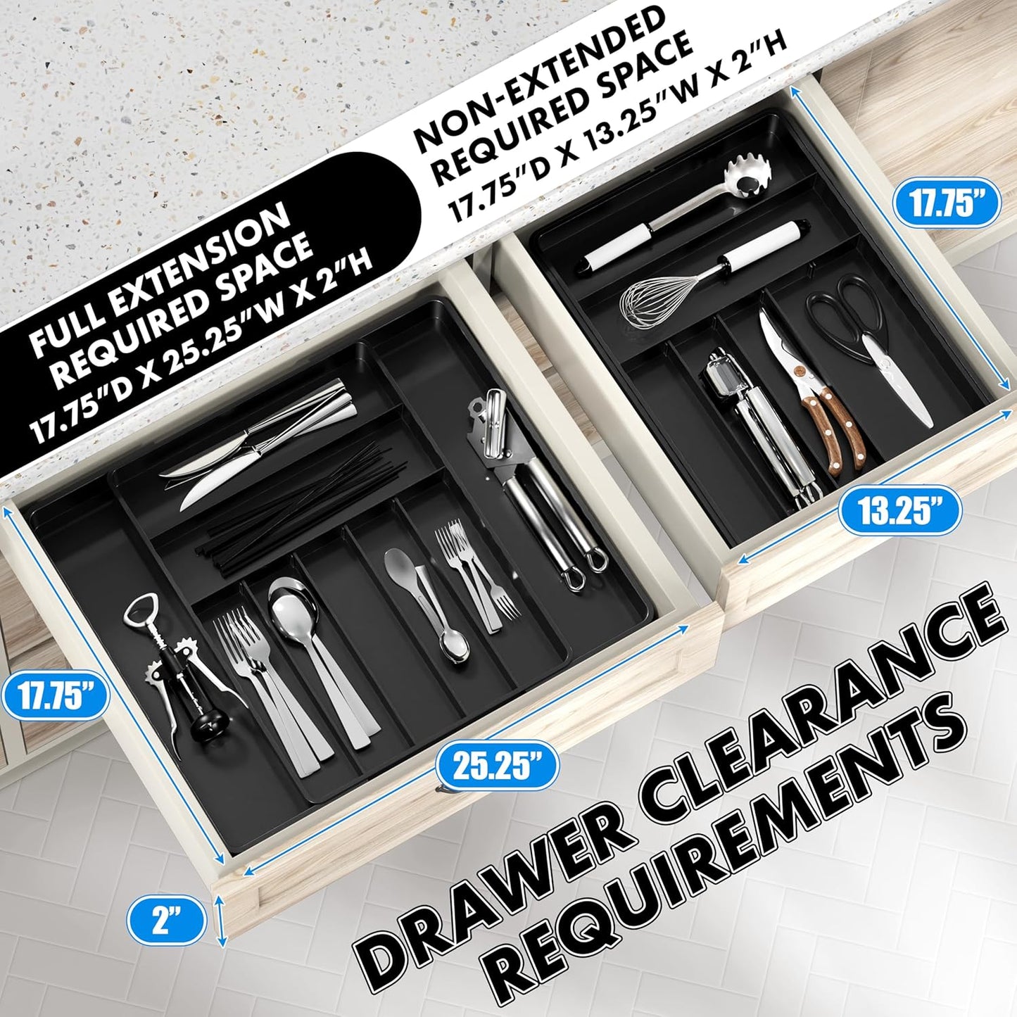 Simple Houseware Flatware Organizer - Adjustable Black Kitchen Drawer Tray with 9 Compartments