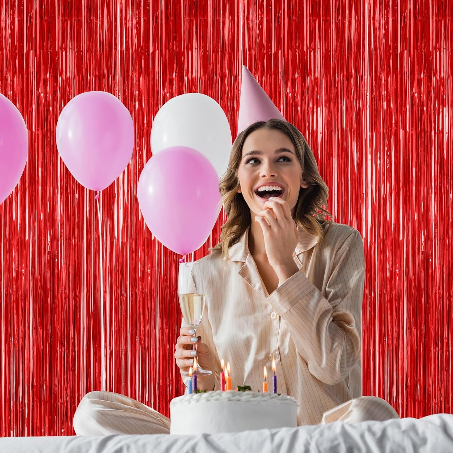 Regine Switzerland Red Backdrop - 4 Pack Metallic Foil Fringe Curtains | 3.28 FT x 7.05 FT Party Decor