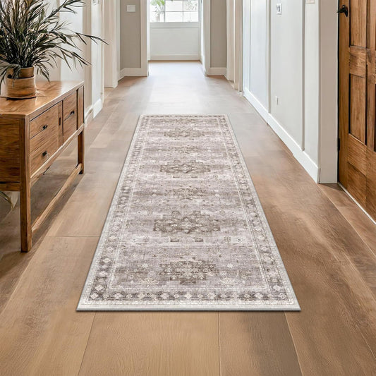Boho 2x8 Long Runner Rug - Non-Slip Vintage Floral Design for Kitchen & Hallway | Washable Beige Latte