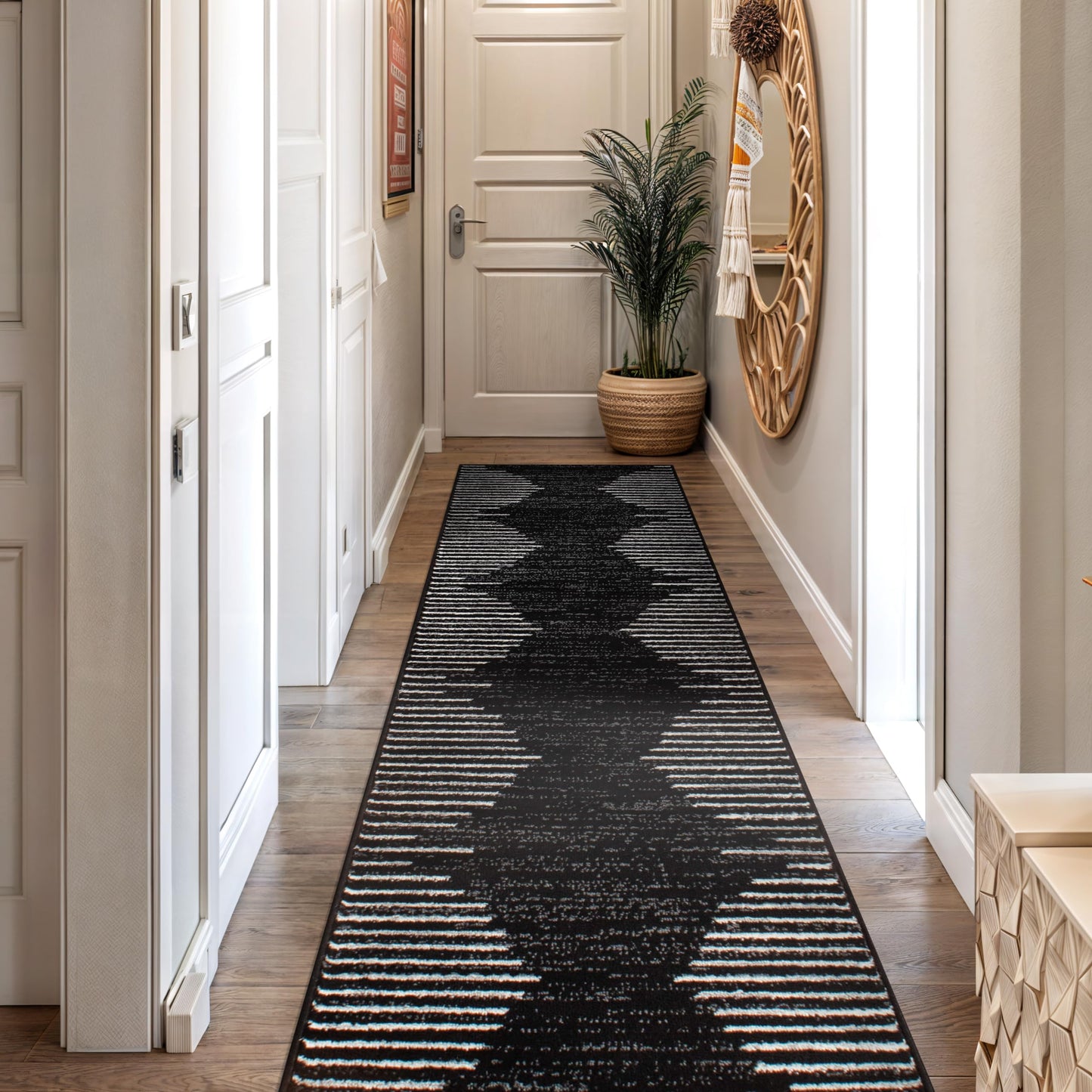 Rugshop Bohemian Stripe Stain Resistant Carpet High Traffic for Hallway Entryway Living Room Kitchen Bedroom Laundry Runner Rug 2' x 7' Black