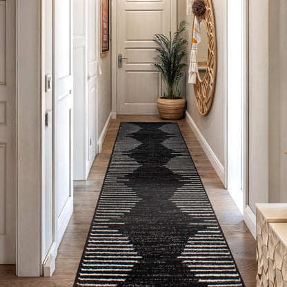 Rugshop Bohemian Stripe Stain Resistant Carpet High Traffic for Hallway Entryway Living Room Kitchen Bedroom Laundry Runner Rug 2' x 7' Black