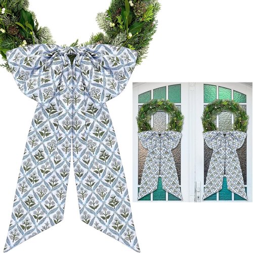 HunnmingRe Christmas Wreath Sash - 24 x 16 Inch Blue Block Print Bow for Indoor/Outdoor Decor