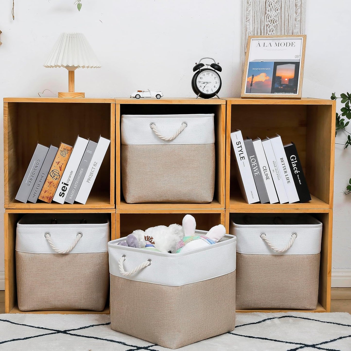 MidmmVick Cube Storage Bins - 13 x 13 Inch Collapsible Fabric Bins, 4 Pack for Home & Office | White & Beige