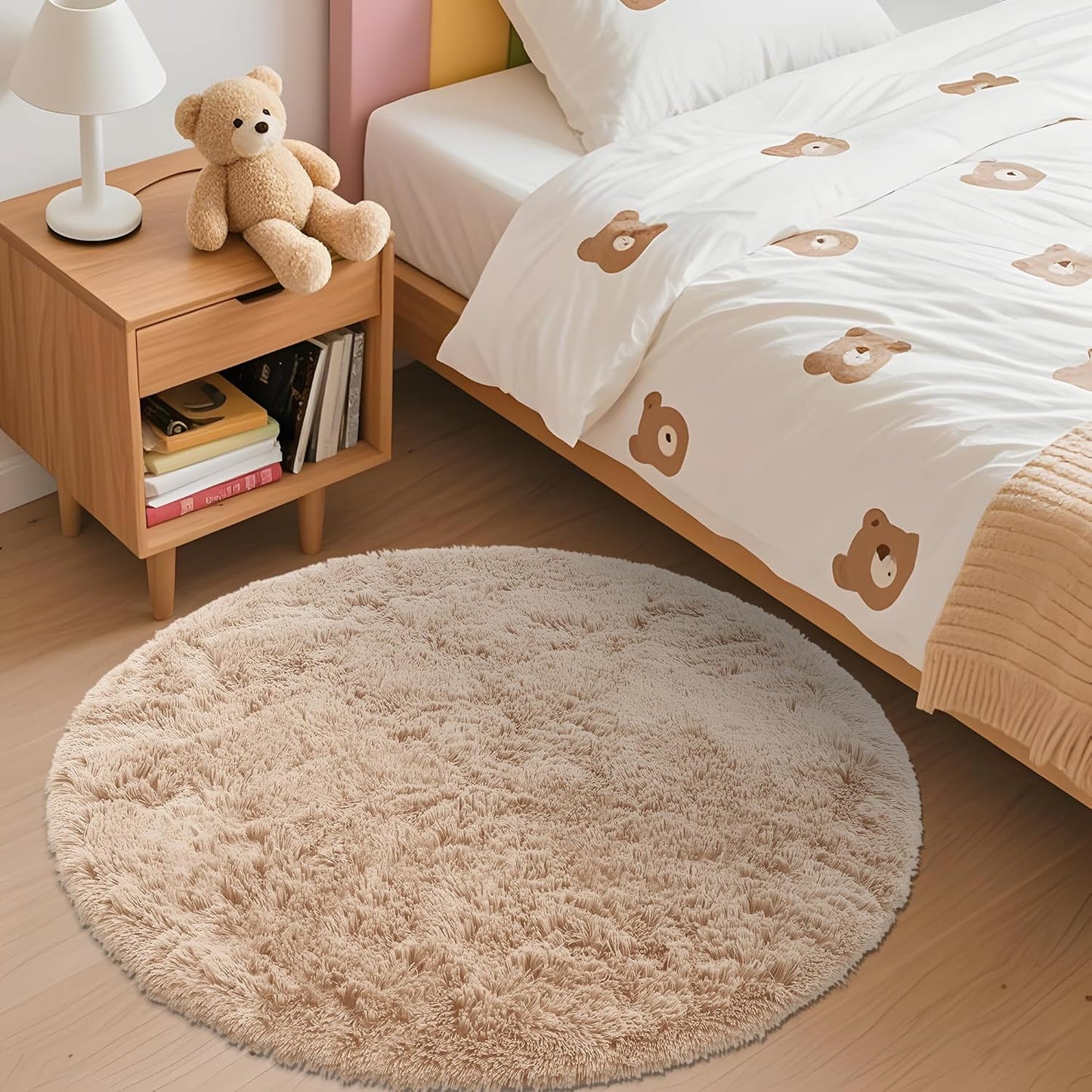 OLANLY Round Beige Area Rug - Soft, Fluffy, Machine Washable 3 ft Circle Carpet for Bedroom & Living Room