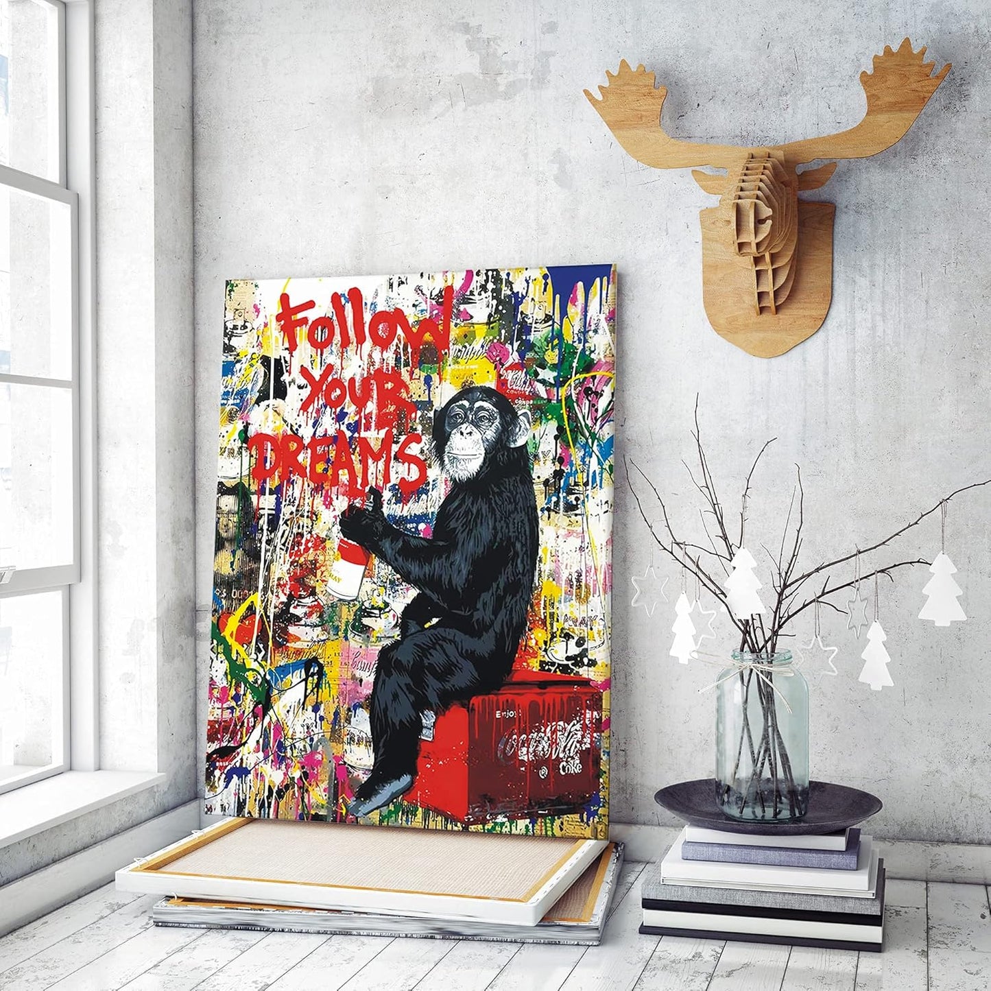 **AKOTAC Monkey Street Graffiti Canvas Print - Follow Your Dreams Animal Art for Living Room & Office Decor**