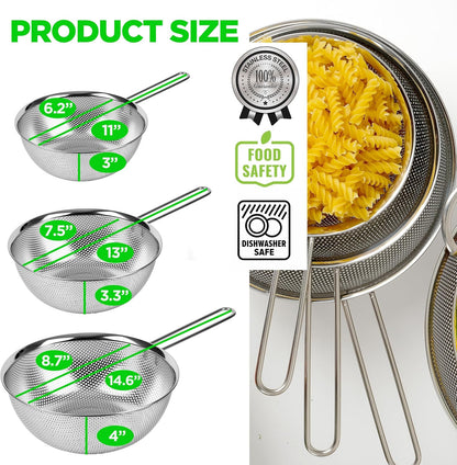 Premium 18/8 304 Stainless Steel Strainer Set of 3 - Micro-Perforated Design with Long Handle | Self-Draining Base for Pasta, Rice, Vegetables (1.5, 2.5, 4 Qt) - Made in Korea