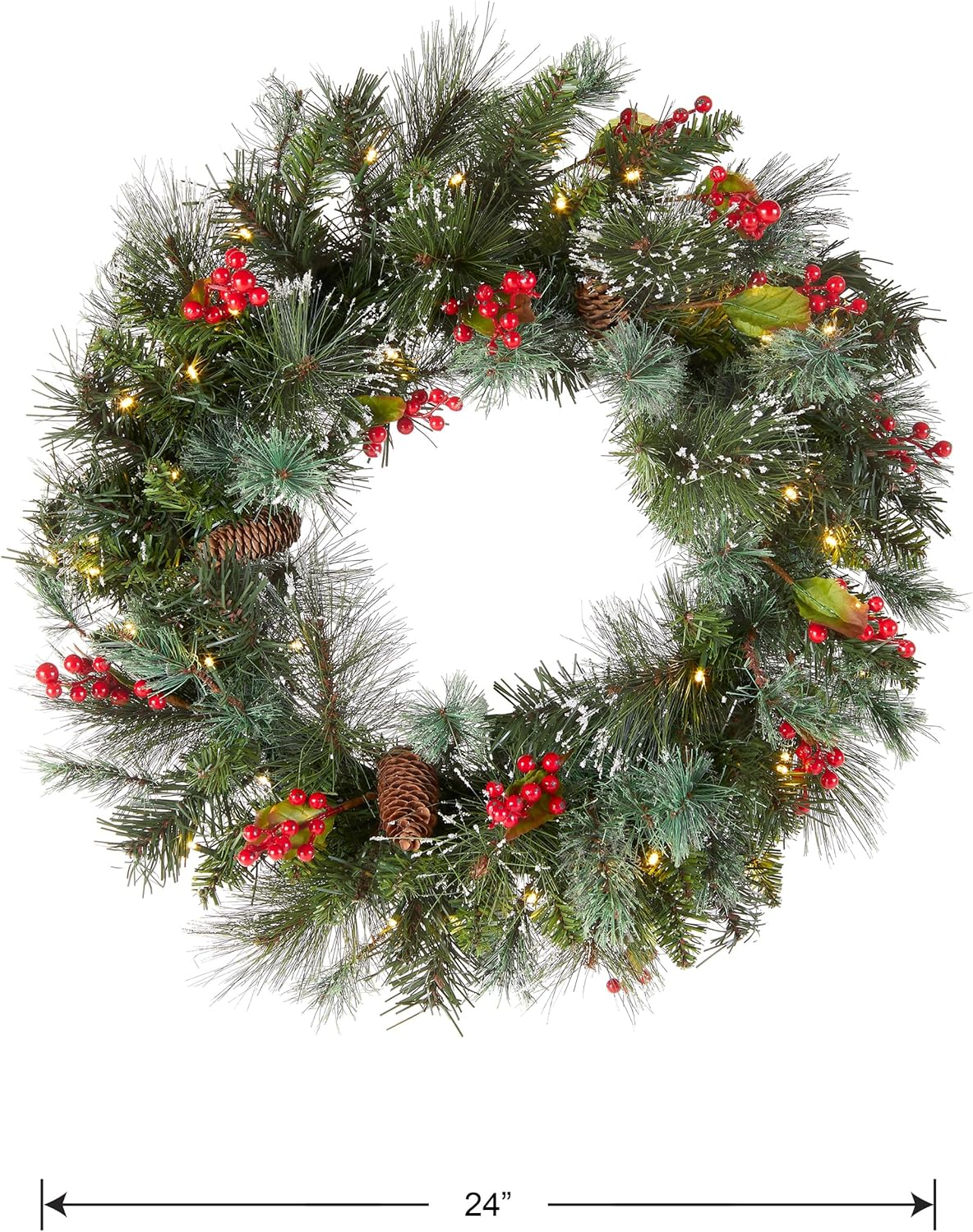 National Tree Company 24-Inch Pre-Lit Wintry Pine Flocked Christmas Wreath | LED Lights, Pinecones & Berries
