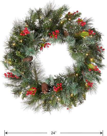 National Tree Company 24-Inch Pre-Lit Wintry Pine Flocked Christmas Wreath | LED Lights, Pinecones & Berries