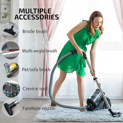 OVENTE Bagless Canister Vacuum Cleaner - Powerful 1400W Suction, 3L Dust Cup, Lightweight Design | Black