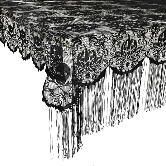 Simplebrand Black Lace Halloween Tablecloth Runner 52 x 52Inch, Rectangular Skull Lace Tablecloth with Tassel for Halloween Party, Pumpkin Table Cover Halloween Table Decorations