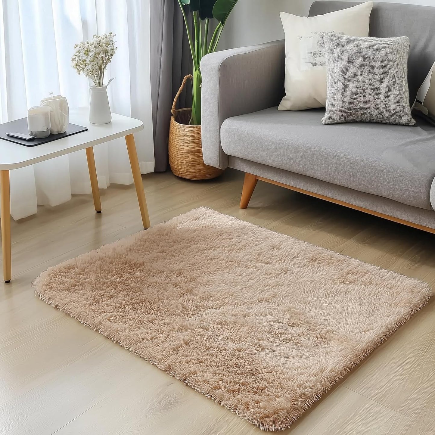 OLANLY Small Bedside Rug - Soft, Machine Washable Shaggy Carpet for Bedroom & Nursery | Beige