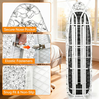 Skiennix Ironing Board Cover - Thick, Scorch & Stain Resistant Pad | 15x54 Floral White Design