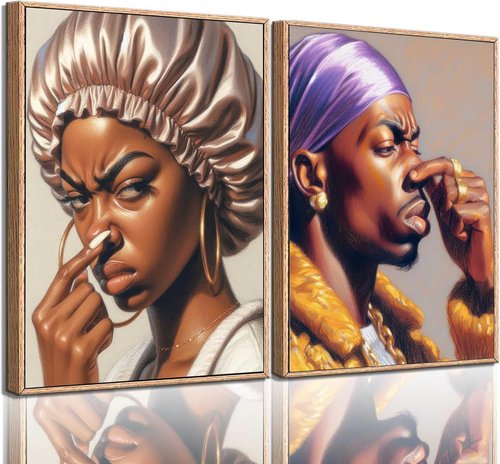 Funny African American Bathroom Wall Art - 2Pcs Canvas Prints with Humorous Pinch Nose Design | Unframed Decor