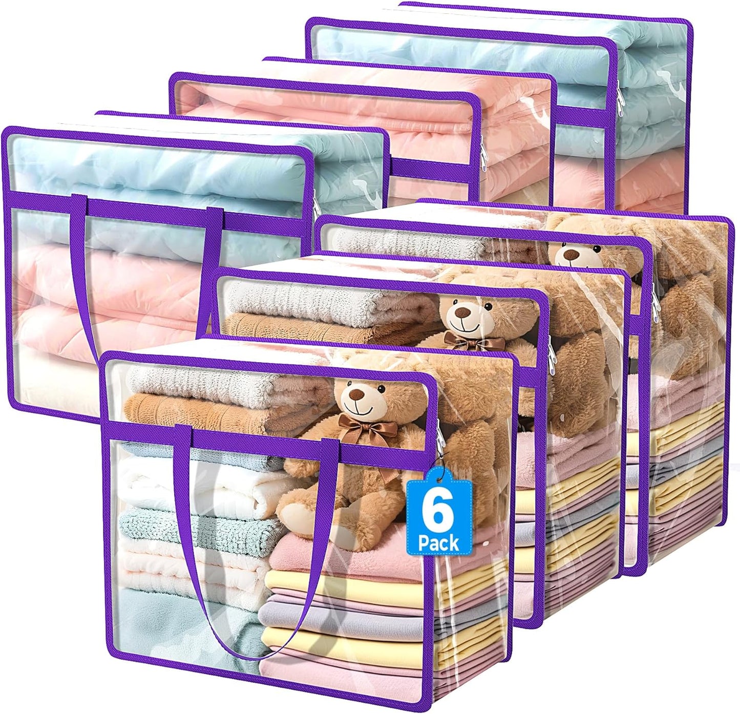 Budding Joy Clear Zippered Storage Bags - 6 Pack 40L Closet Organizers for Bedding, Clothes & Toys