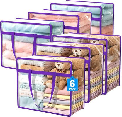 Budding Joy Clear Zippered Storage Bags - 6 Pack 40L Closet Organizers for Bedding, Clothes & Toys