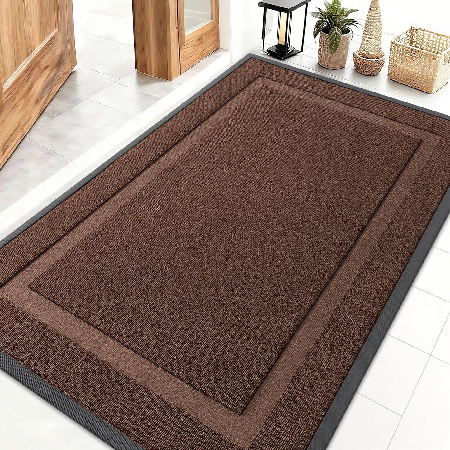 OLANLY Front Door Mat Indoor Outdoor Entrance, Waterproof All-Season, All-Weather Doormat, Sturdy Natural Rubber, Low Profile, Easy Clean Patio Porch Entryway Mat, 47x32, Chocolate Brown