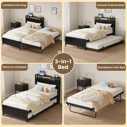 IRONCK Twin Daybed with Trundle, Storage Headboard & Charging Station - Black
