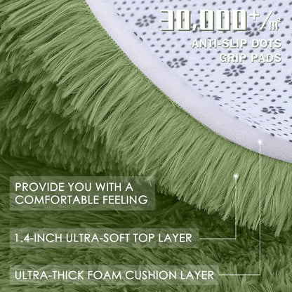 OLANLY Green Round Rugs for Bedroom - Machine Washable, 5 ft Circle Area Rugs for Living Room, Soft and Fluffy Shaggy Carpet for Teen Girl and Boys, Nursery Rooms, Dorms, Home Decor Aesthetic
