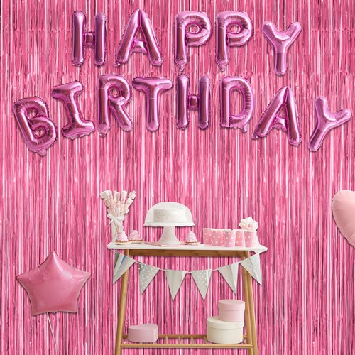 2 Pack Pink Party Decorations, 3.28 FT x 7.05 FT Pink Backdrop, Metallic Tinsel Backdrop Fringe Curtains Backdrop Curtains, Photo Backdrop Party Supplies Birthday Party Decorations