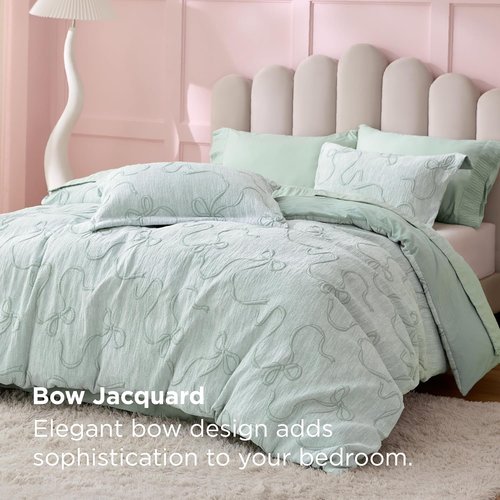 Bedsure Green Duvet Cover - Queen Size Bowknot Jacquard Design | Soft, Elegant Boho Bedding Set with 1 Duvet Cover & 2 Pillow Shams