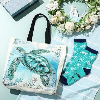 Sea Turtle Gift Set: Tote Bag, Makeup Bag, 14 oz Enamel Mug, Socks, Keychain — Sea Turtle Variation