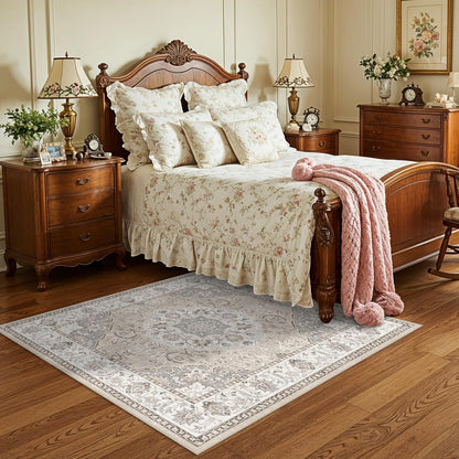 Skiennix 4x4 Washable Square Area Rug - Soft Non-Slip Kitchen Carpet | Water-Resistant Beige Mat for Living Room & Nursery