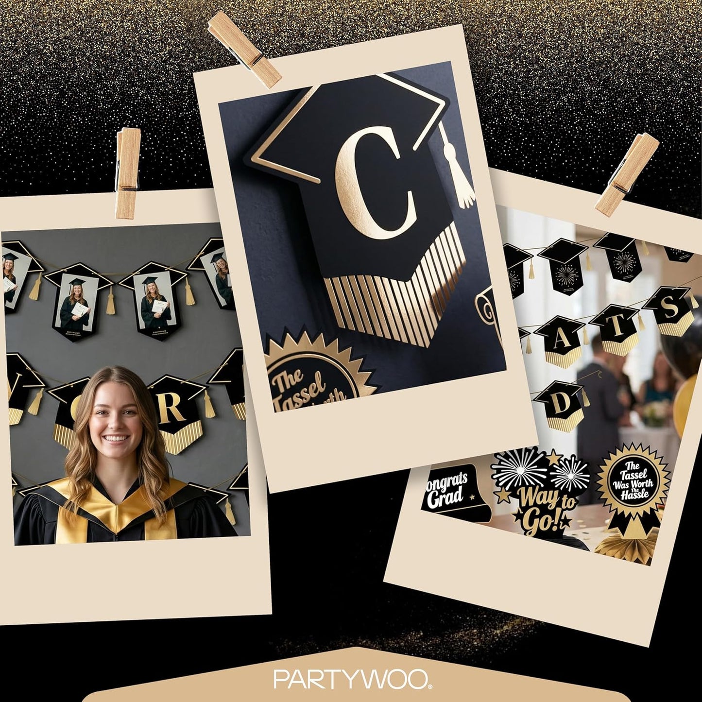 PartyWoo Graduation Decorations - Class of 2026 Black & Gold Banner Set for College & High School Parties | 2-Piece