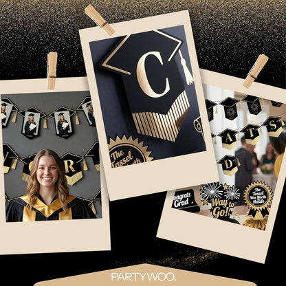 PartyWoo Graduation Decorations - Class of 2026 Black & Gold Banner Set for College & High School Parties | 2-Piece