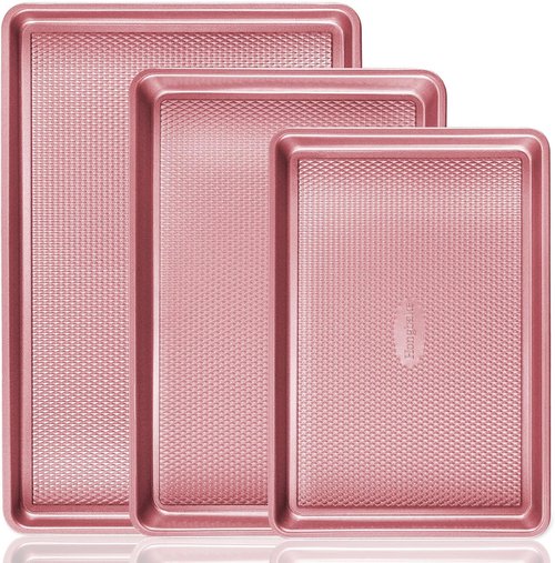 HONGBAKE Nonstick Baking Sheet Pan Set - Heavy Duty Cookie Sheets with Diamond Texture | Pink, Half & Quarter Sizes
